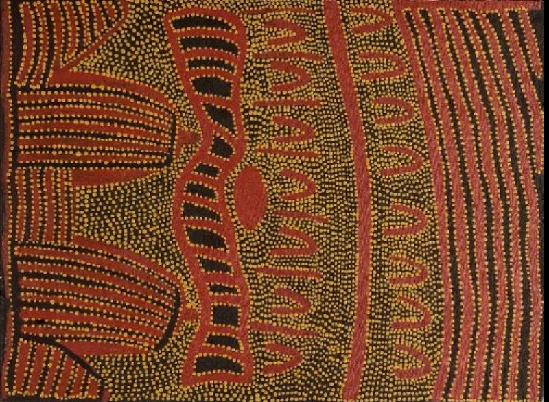 Painting by Gloria Petyarre with red ceremonial shapes, curved bands and U-shaped forms outlined by yellow dots against a densely dotted dark ground.