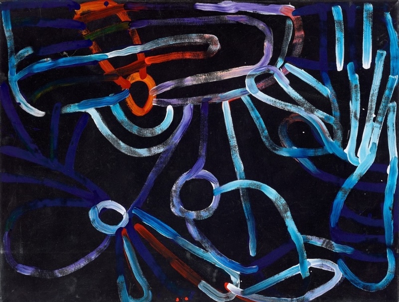 Minnie Pwerle painting with sweeping turquoise, blue, purple, orange and white lines, loops and open circular forms loosely arranged across a black background.