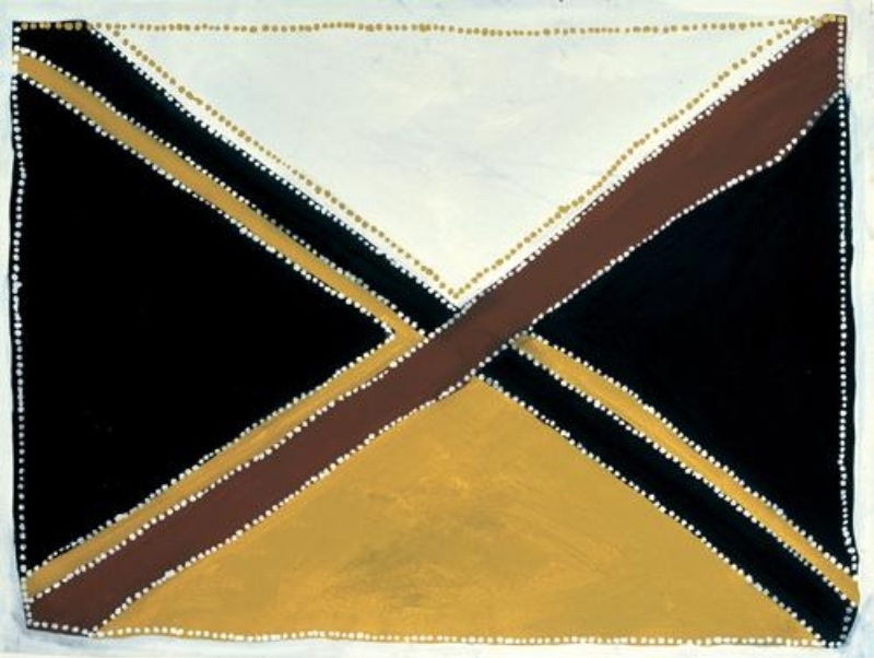 Rover Thomas Cross Roads 1995, showing intersecting black and brown roads dividing fields of white, black and golden ochre.