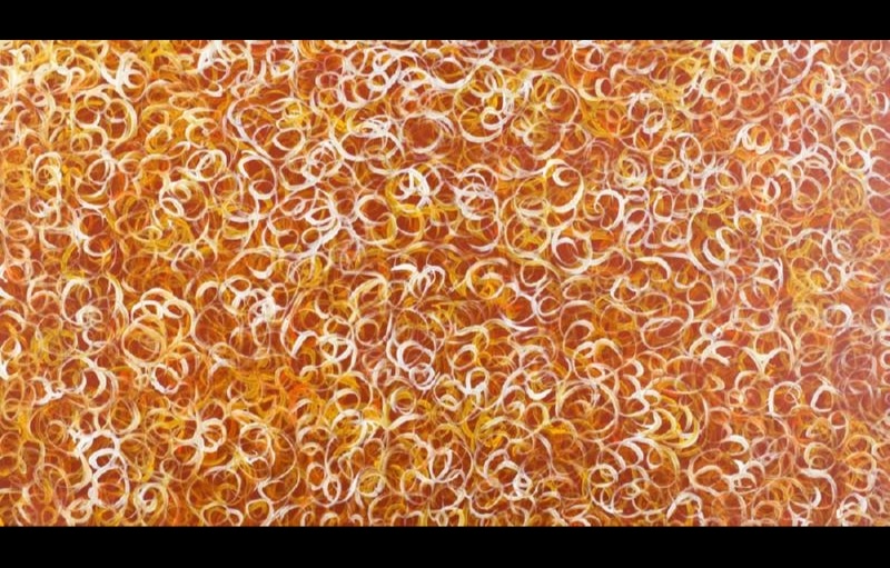 Gloria Petyarre painting filled with hundreds of overlapping white, cream, yellow and orange curling loops across a warm ochre-red ground.