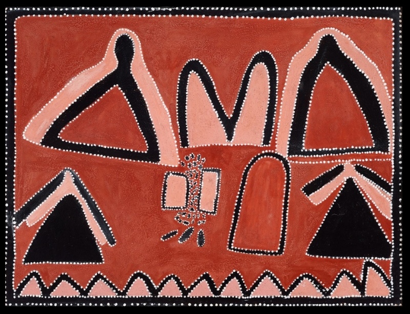 Queenie McKenzie ochre painting with large angular pink and black hills, a central bower bird motif and a zigzag border on a red ground.