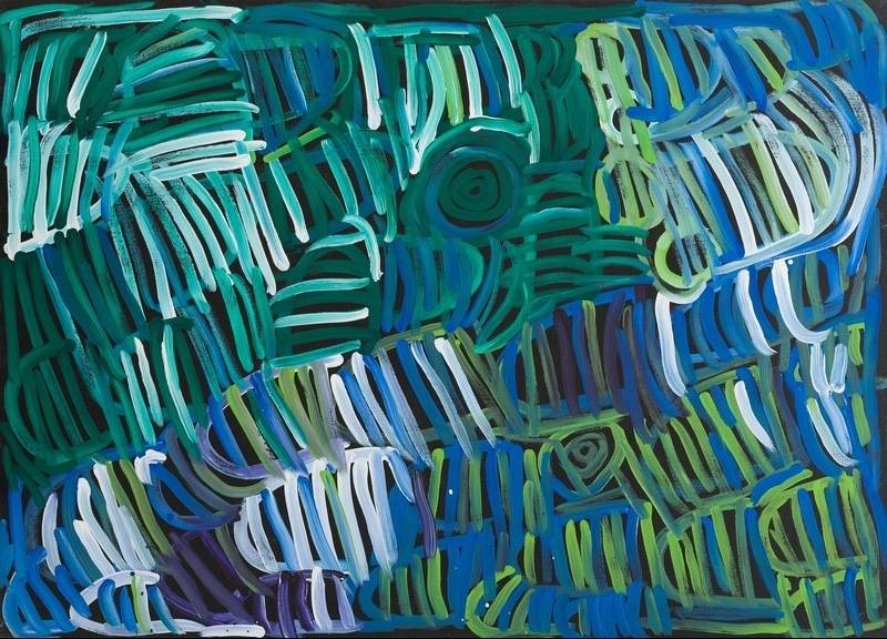 Minnie Pwerle painting of overlapping turquoise, blue, green, white and purple curved forms filled with broad parallel stripes, with several concentric circles on a dark ground.