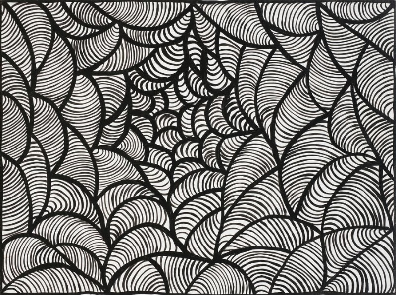 Black-and-white painting by Gloria Petyarre filled with overlapping curved forms containing closely spaced parallel black lines, creating a dense web-like pattern.