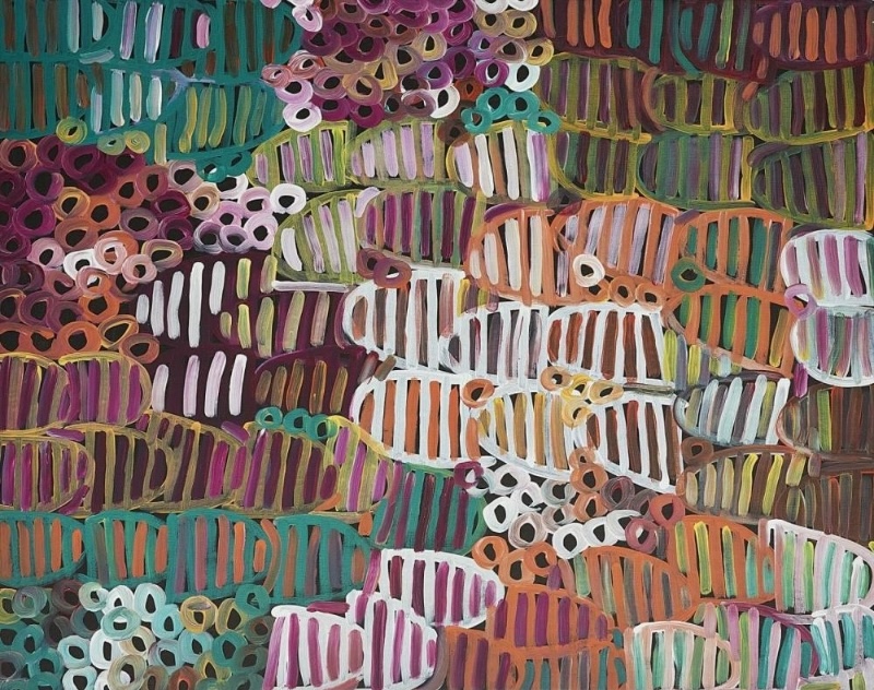 Minnie Pwerle painting filled with overlapping striped shapes and small ring-like forms in turquoise, purple, pink, orange, green, white and ochre on a dark ground.