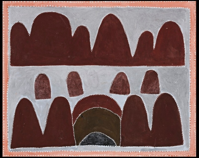 Queenie McKenzie ochre painting of Kilfoyle's Vineyard, with dark red rounded hills and smaller landforms against a broad grey ground.