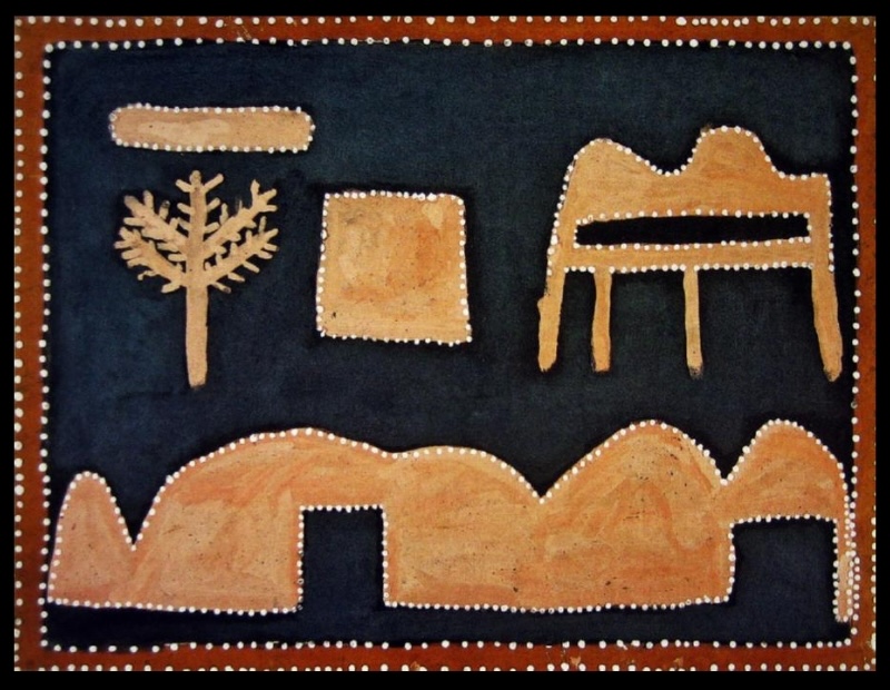 Queenie McKenzie ochre painting with a black ground, showing a tree, rectangular forms and ochre hills outlined with white dots.