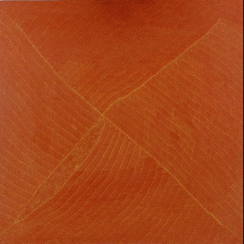 Kathleen Petyarre’s Mountain Devil Lizard, 2003, with intersecting lines and flowing fields of fine ochre dots across a red ground.
