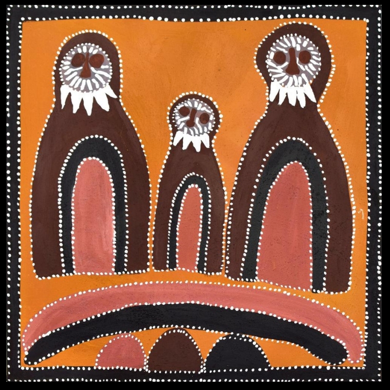 Queenie McKenzie ochre painting showing three large brown owls, including a smaller young owl, above a curved black and pink cave form.