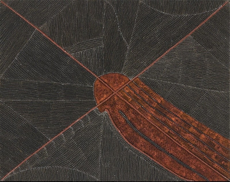Kathleen Petyarre’s Thorny Mountain Devil Lizard, 2010, with radiating fields of fine dots, crossing red lines and a large elongated red form.