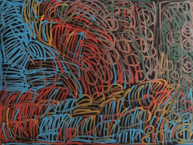 Minnie Pwerle painting of overlapping curved and striped forms in bright blue, red, ochre, pink and grey-green against a black background.