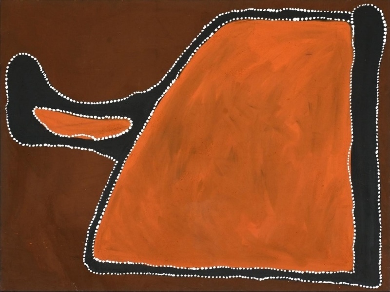 Rover Thomas Pompey’s Pillar 1995, with a monumental orange ochre form bordered by black and white dotted lines against a dark brown ground.