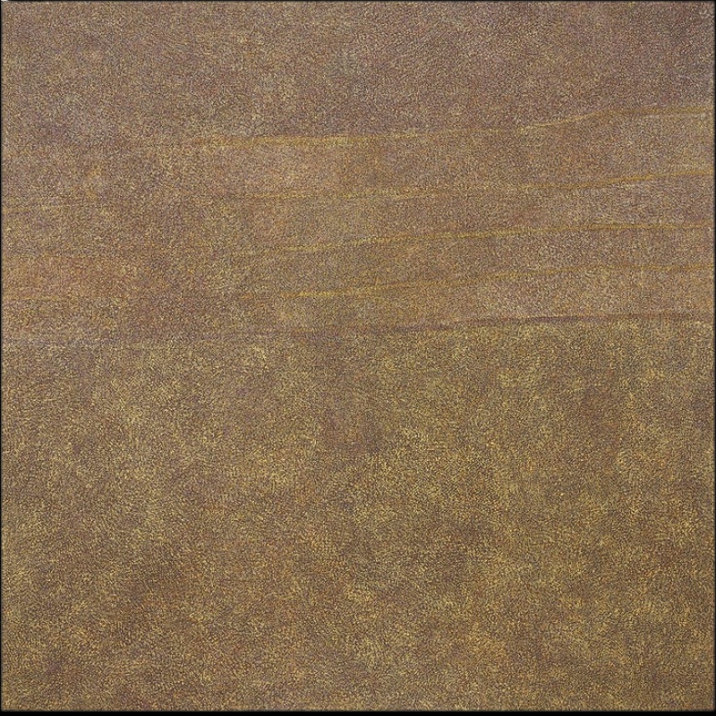 Kathleen Petyarre’s My Country (Bush Seeds), 1997, with dense ochre fine dotting and subtle horizontal bands extending across the composition.