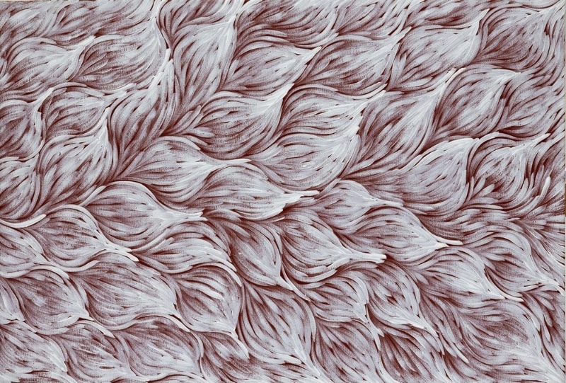 Gloria Petyarre painting of flowing white curved brushstrokes forming dense overlapping patterns across a reddish-brown ground.