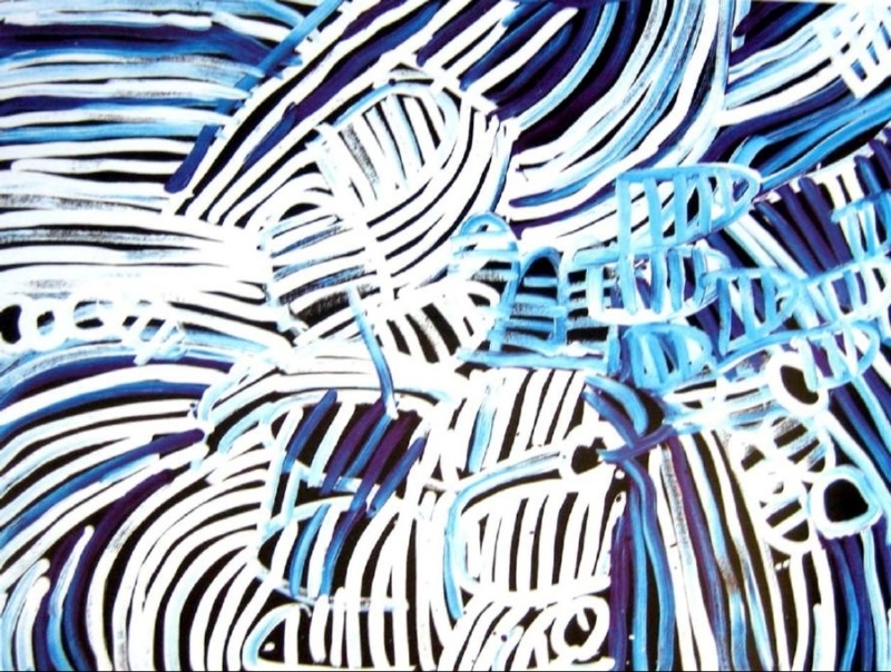 Minnie Pwerle painting of sweeping white, pale blue and deep blue lines forming overlapping curved, striped and circular shapes across a dark background.
