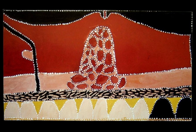 Queenie McKenzie ochre landscape showing a large dotted termite mound before red hills, with layered cream, yellow, black and pink Country.