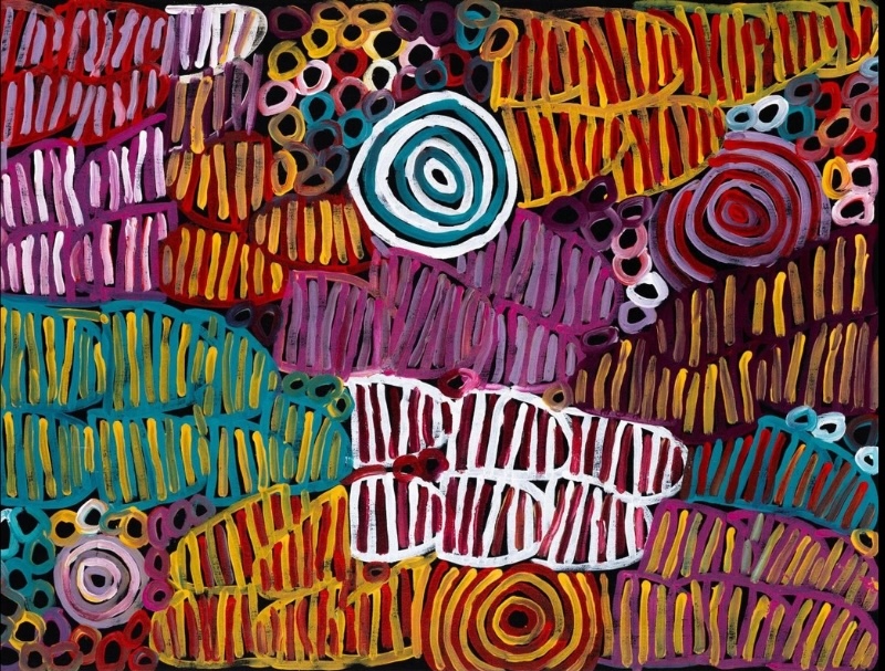 Minnie Pwerle Awelye Atnwengerrp painting with striped body-paint forms, concentric circles and clustered circular marks in vivid colours.