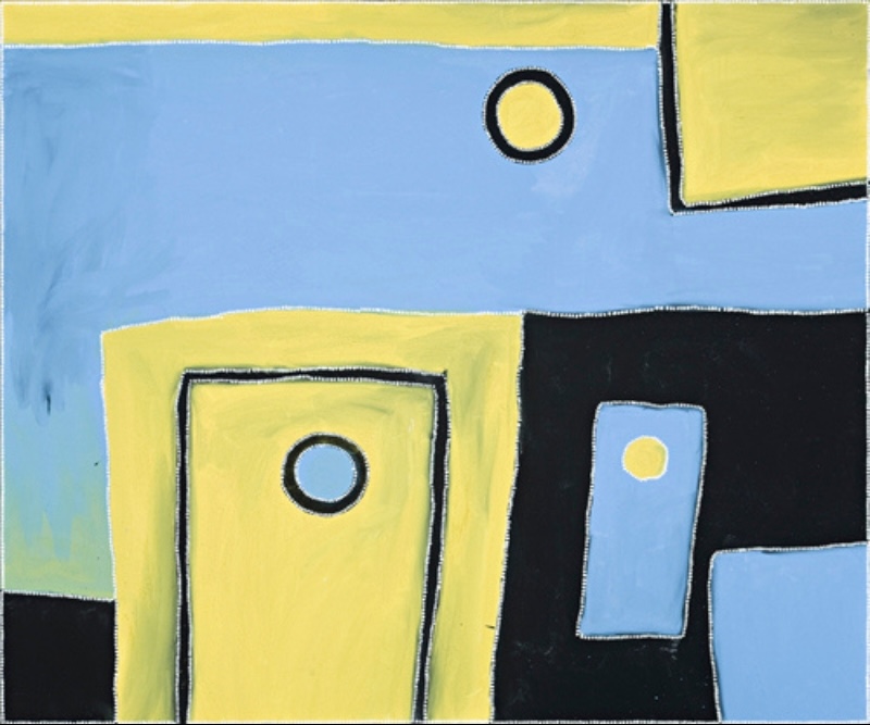 Rammey Ramsey painting divided into large fields of bright blue, yellow and black. Rectangular and irregular forms overlap across the composition, with several small circles in contrasting blue and yellow outlined in black and white.