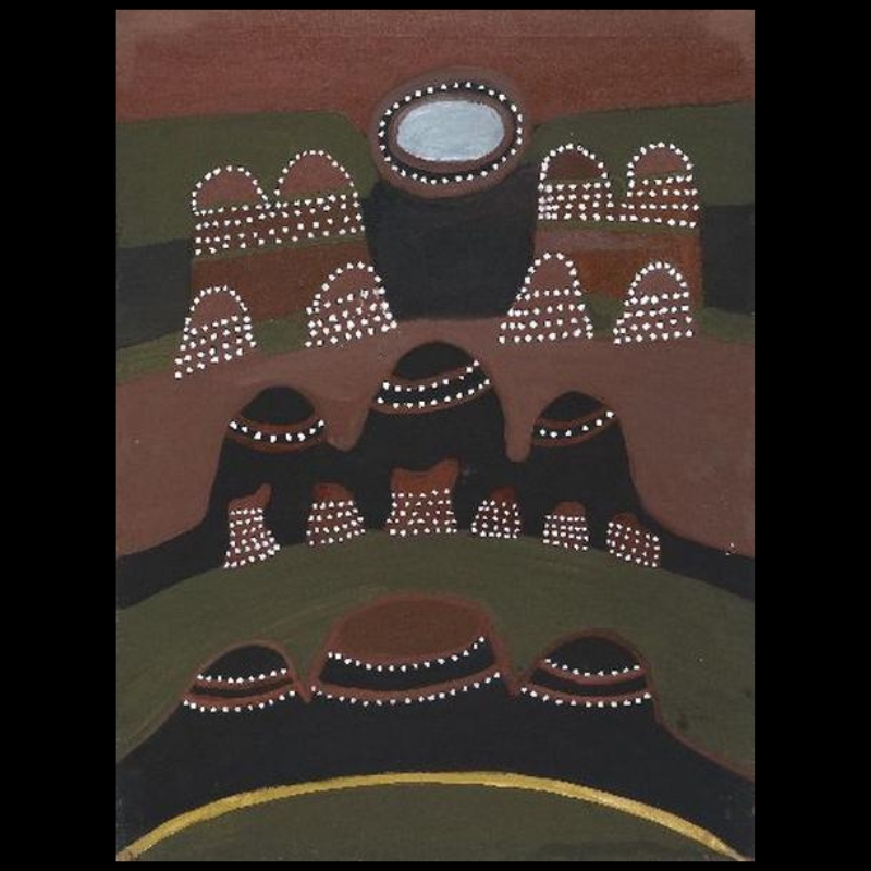 Hector Jandany Aboriginal ochre painting showing successive groups of rounded black and brown hills patterned with white dots, with a pale blue waterhole near the top.