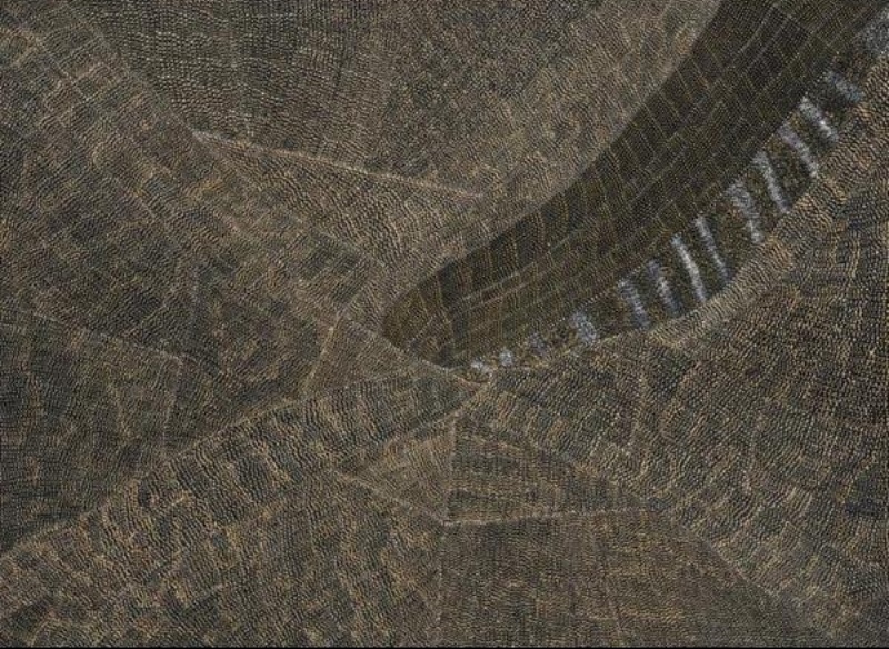 Kathleen Petyarre’s Arkerrthe Awelye, Mountain Devil Lizard Dreaming, 1998, with dense fine dotting surrounding a dark elongated form with pale markings.