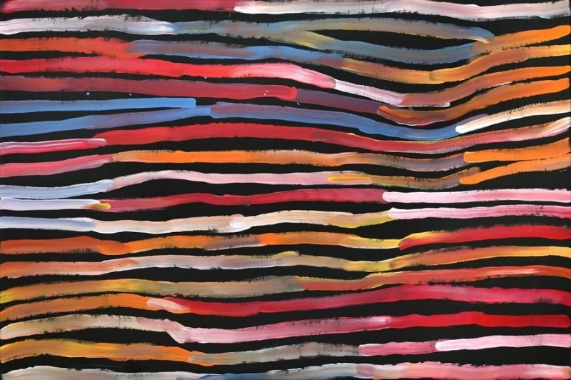 Minnie Pwerle Awelye – Atnwengerrp painting with long horizontal ceremonial body-paint lines in red, pink, orange, blue and white.