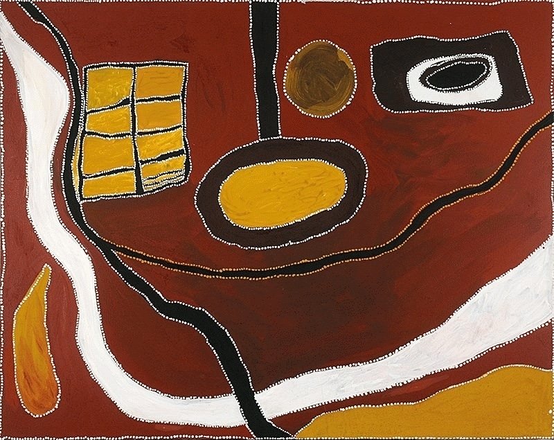 Rover Thomas painting in deep red-brown, black, white and golden yellow ochres. A broad white curving band sweeps from the upper left around the lower half of the canvas, crossed by black pathways. Inside are several distinct forms, including a yellow gridded rectangle, a large yellow oval enclosed in black, a brown circle and a black rectangular shape containing concentric white and black ovals.