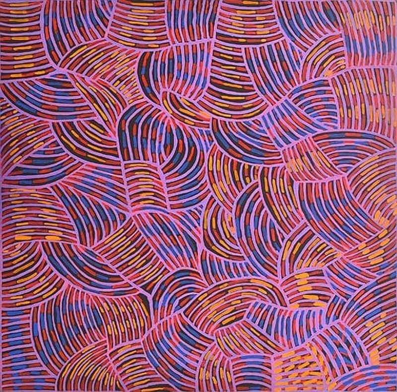 Painting by Gloria Petyarre filled with overlapping curved forms outlined in pink and crossed by short parallel strokes of blue, purple, orange and red.