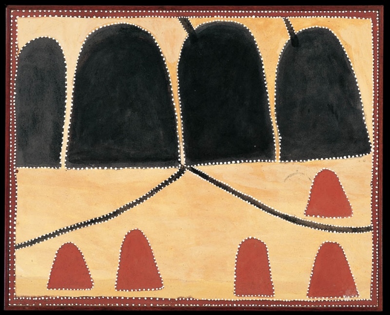 Queenie McKenzie ochre landscape with four large black hills above five smaller red hills, divided by curving black tracks on a yellow ground.