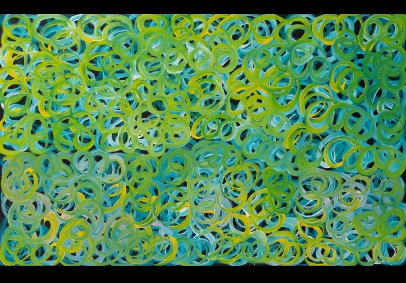 Gloria Petyarre painting of overlapping turquoise, green and yellow looping brushstrokes densely covering a dark ground.