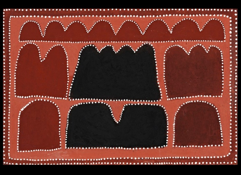 Ochre painting with rows of rounded red and black hill forms outlined in white dots, including a long scalloped range across the top, arranged on a red earth ground within a double dotted border.