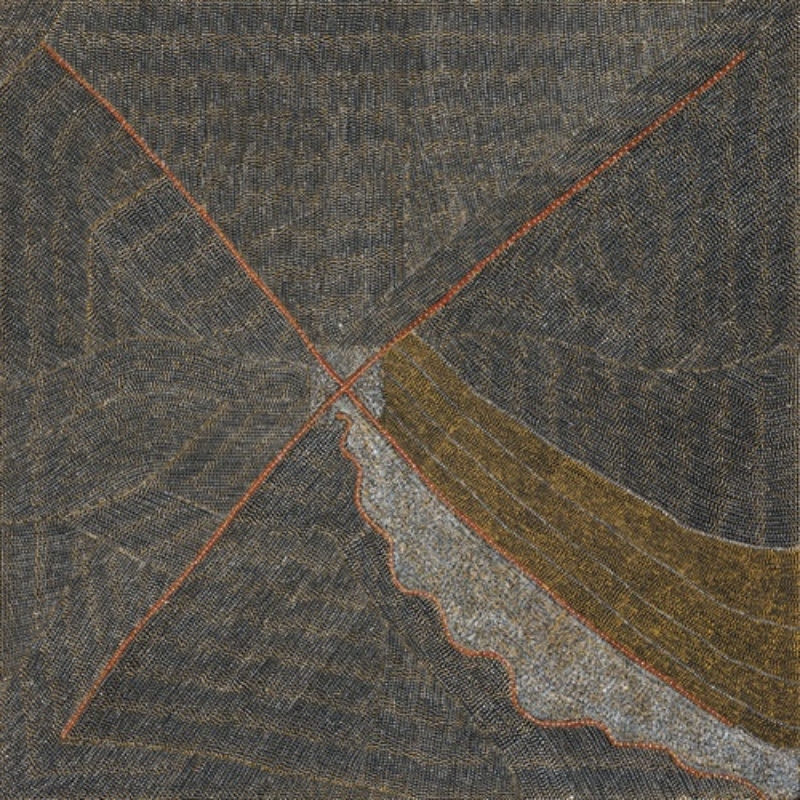 Kathleen Petyarre’s Mountain Devil Lizard Dreaming, 1997, with crossing red lines, dense patterned dotting and contrasting ochre and pale areas