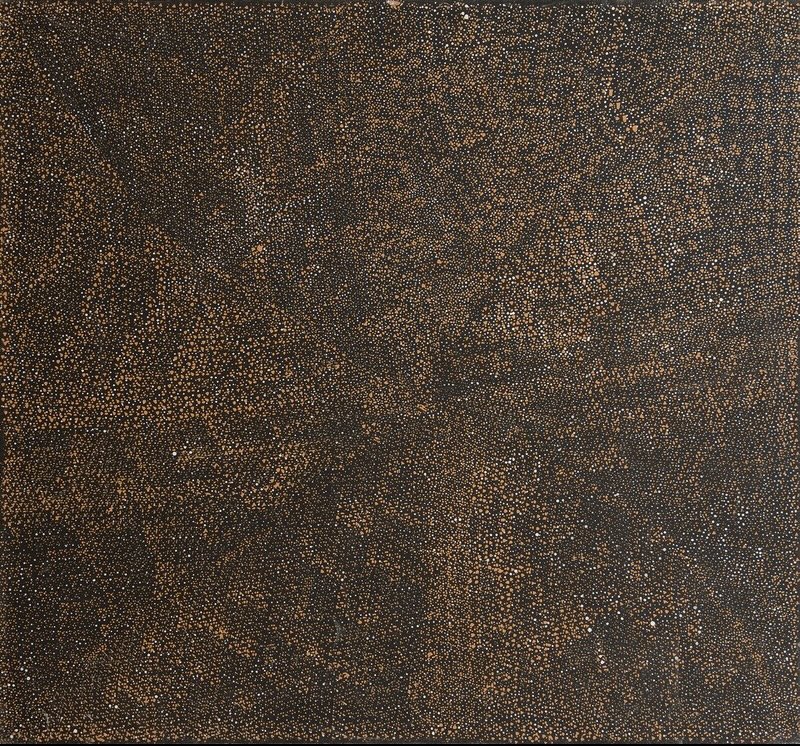 Painting by Gloria Petyarre covered with thousands of minute ochre, brown and occasional white dots forming subtle swirling patterns across a dark ground.