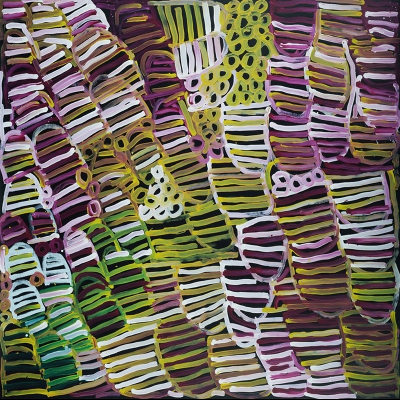 Minnie Pwerle painting densely filled with overlapping striped forms in purple, green, yellow, white, pink and brown, interspersed with clusters of small circular marks.