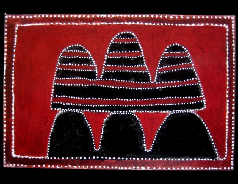 Queenie McKenzie ochre painting with two groups of black rounded hills, the upper group crossed by red and white dotted bands on a red ground.