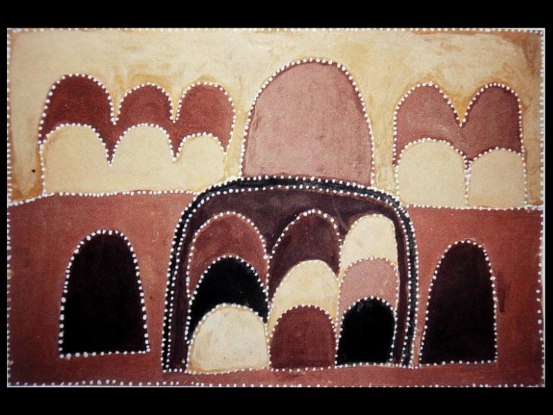 Queenie McKenzie ochre landscape with layered red, pink, cream and black hills, including the large rounded Mandablin Hill in the background.