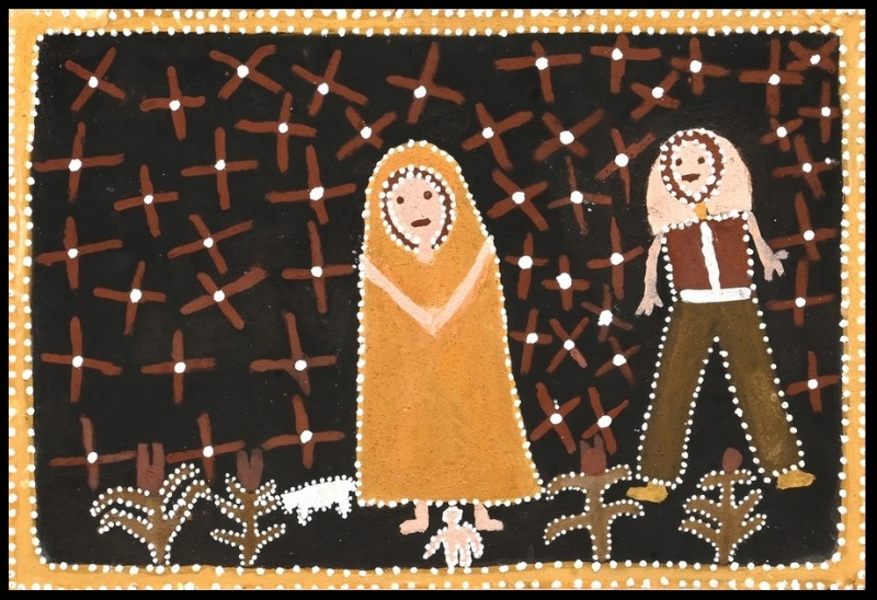 Queenie McKenzie ochre painting of Joseph and Mary beneath a dark star-filled sky, with small child, animal and plants below.