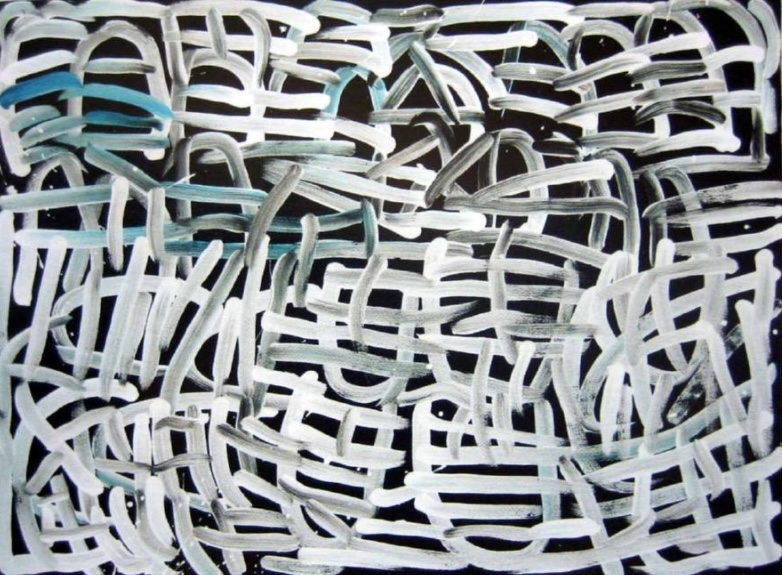 Minnie Pwerle painting of broad white, grey and pale blue lines forming overlapping curved, striped and grid-like shapes across a black background.