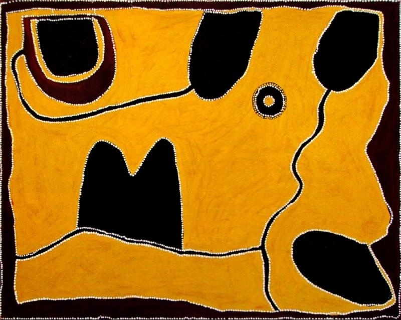 Rover Thomas Lissadel Station 1995, a Kimberley landscape in golden ochre with black hills, waterholes and pathways outlined by white dots.