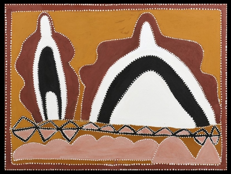 Queenie McKenzie ochre painting with two large layered black, white and brown hill forms above a patterned band and pink hills.