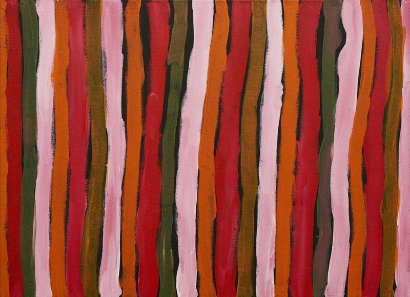 Minnie Pwerle Body Painting with vertical red, pink, orange and green ceremonial body-paint lines.