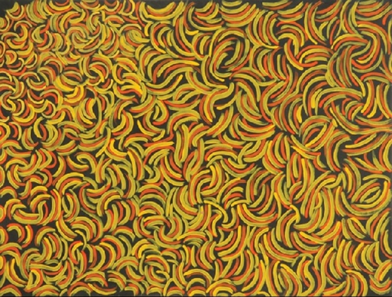 Painting by Gloria Petyarre filled with hundreds of curved leaf-like forms painted in yellow, orange and olive green against a dark ground.