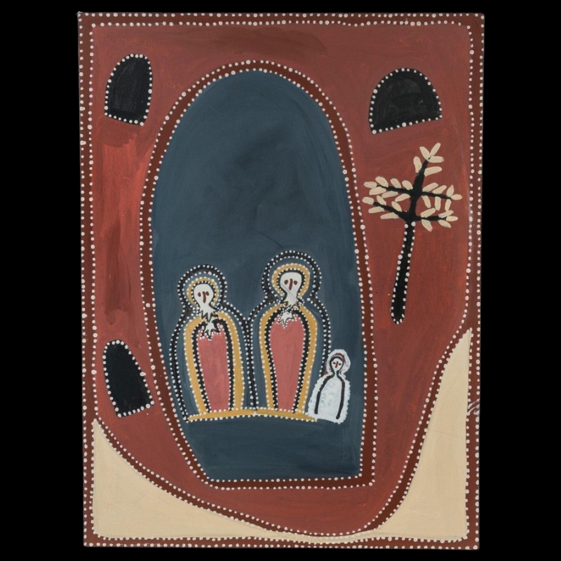 Queenie McKenzie ochre painting of three Mook Mook owls within a large blue-grey cave, surrounded by red Country and a stylised tree.