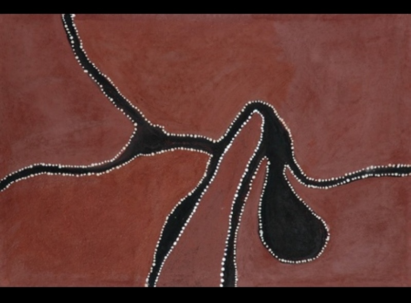 Rover Thomas Marumaru (Black One), 1996, natural earth pigments on canvas, with branching black forms outlined by white dots against a red ochre ground.