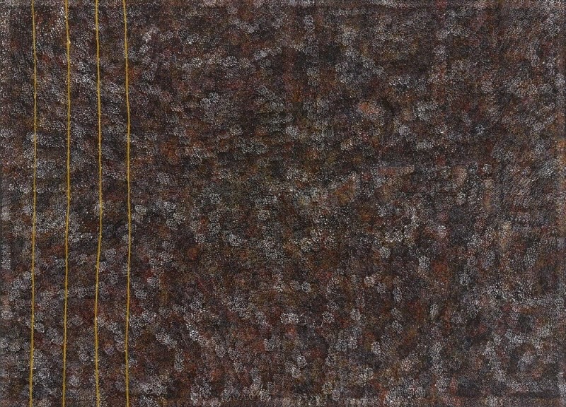 Kathleen Petyarre’s Bush Seed Dreaming, 2012, with four fine parallel lines crossing a densely layered dark field.