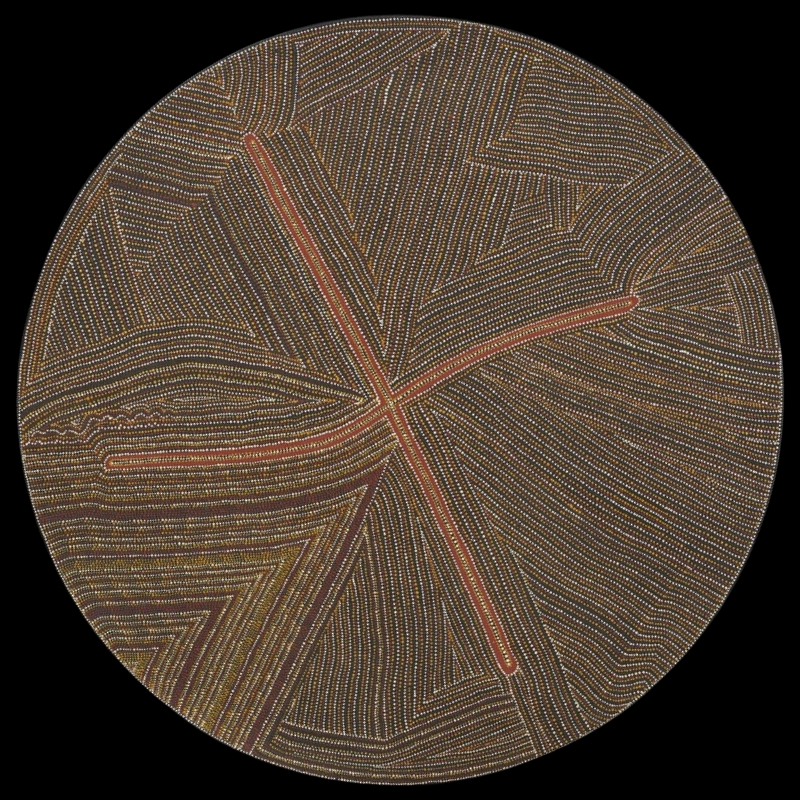 Kathleen Petyarre’s circular Untitled, 1992, with dense parallel rows of fine dots divided by elongated red lines crossing near the centre.