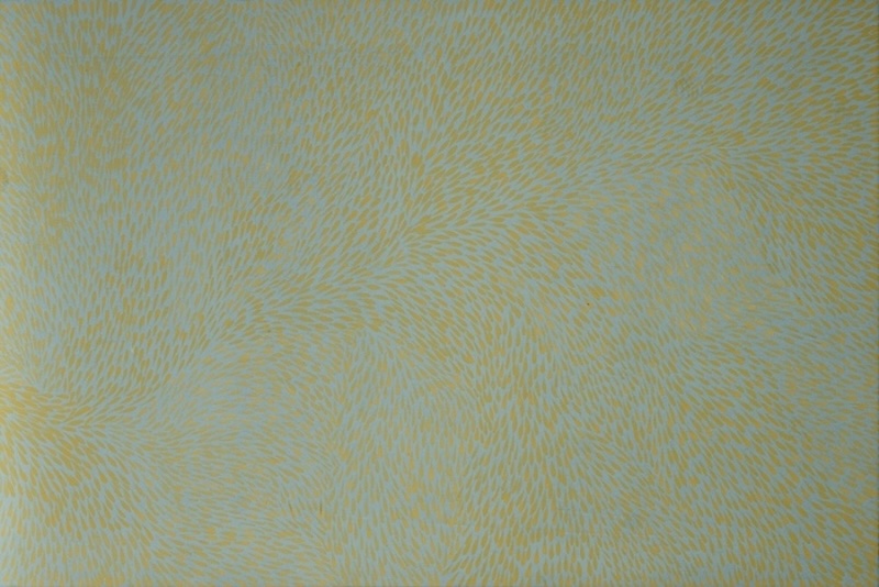 Gloria Petyarre painting of thousands of fine ochre-yellow leaf-shaped marks flowing in swirling currents across a pale blue-green ground.
