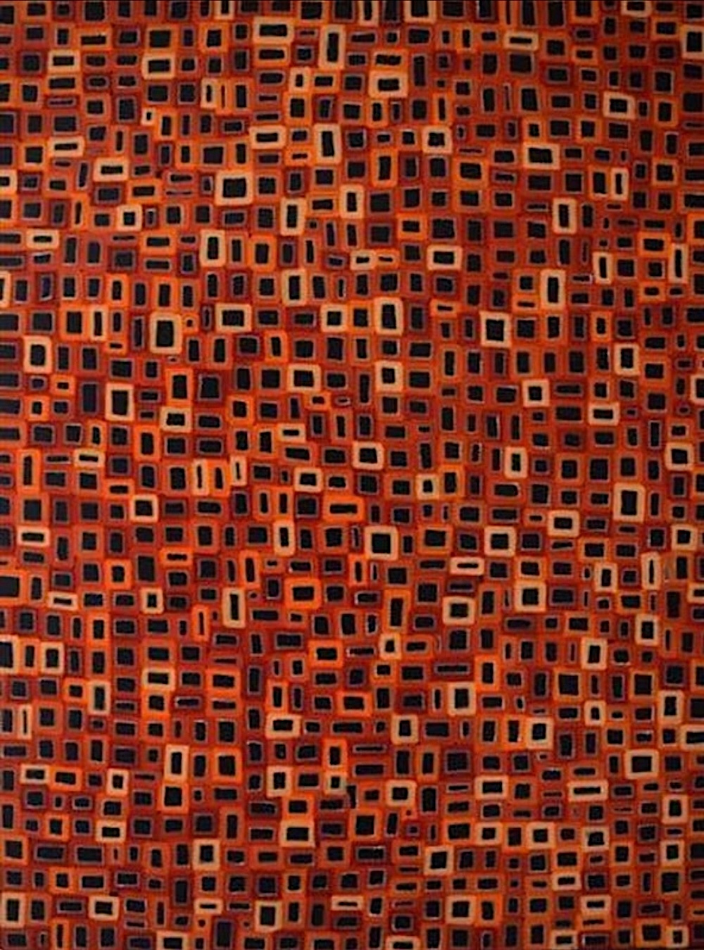 Abie Loy Kemarre’s Awelye, 2008, with a dense grid of red, orange, cream and dark rectangular forms.