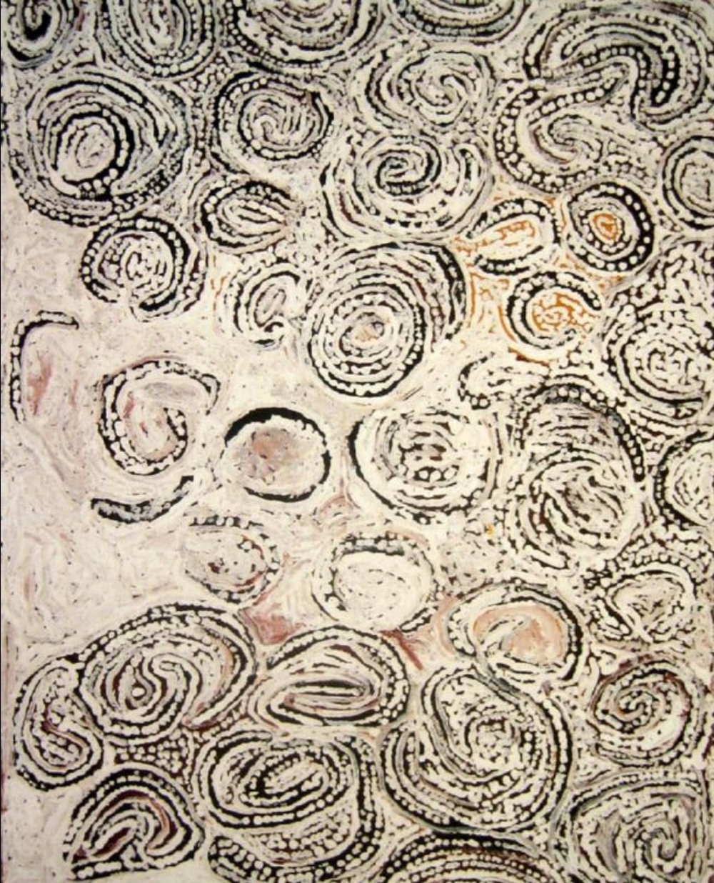 Balgoo Balgoo by Billy Thomas Joongoorra, showing clustered circular rockhole forms in black, white and pale earth pigments.