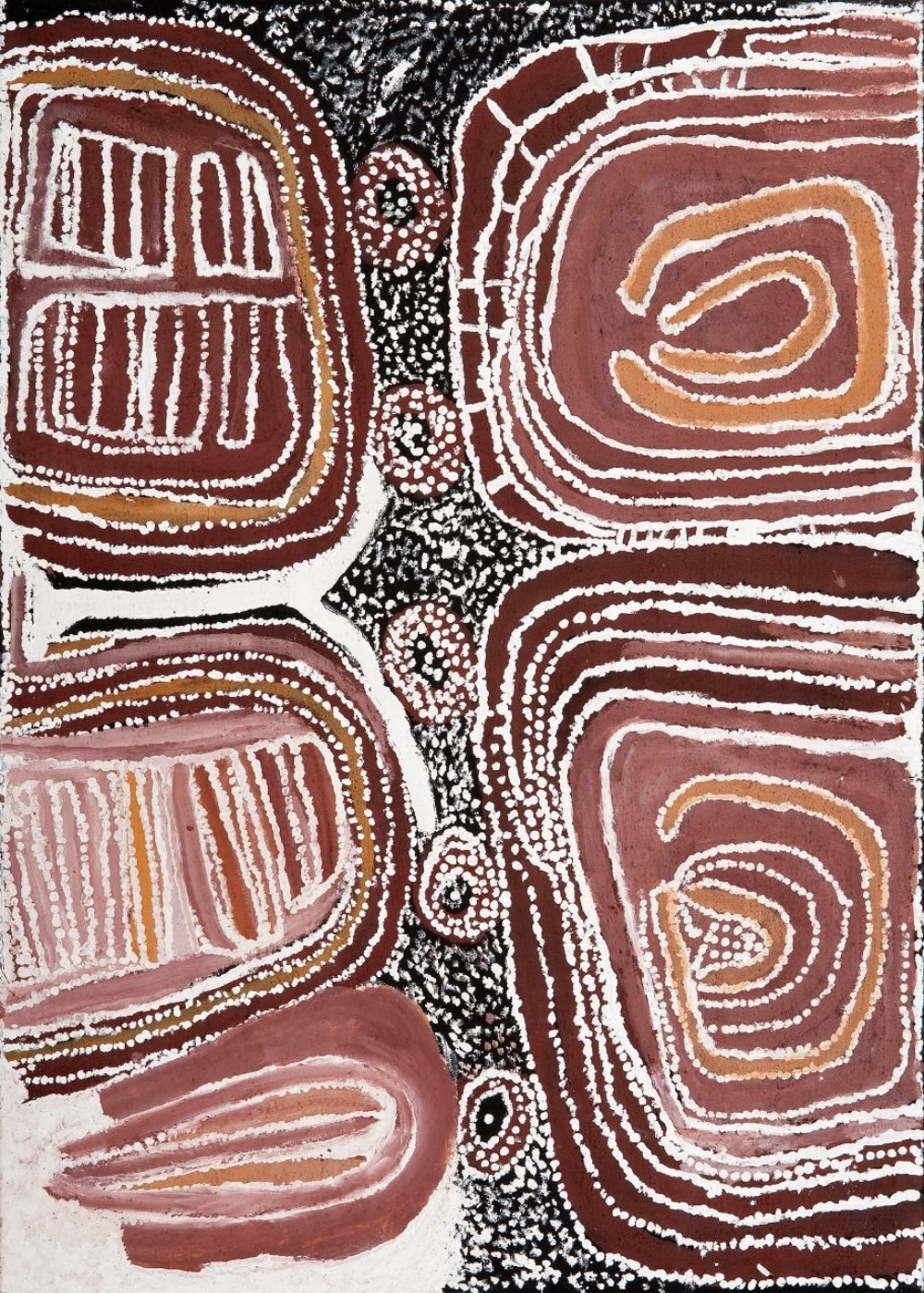Waringarri by Billy Thomas Joongoorra, with large rounded forms, concentric lines and dotted passages in red, white, black and yellow ochres.
