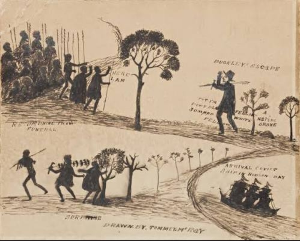 Tommy McRae drawing Buckley’s Escape, showing William Buckley encountering Aboriginal people and travelling with them.