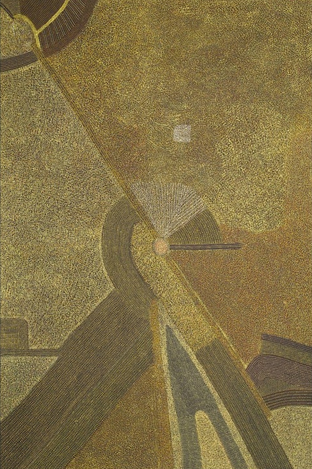Abie Loy Kemarre’s Bush Hen Dreaming, 1997, with fine dotting, pathways and geometric forms in ochre tones.